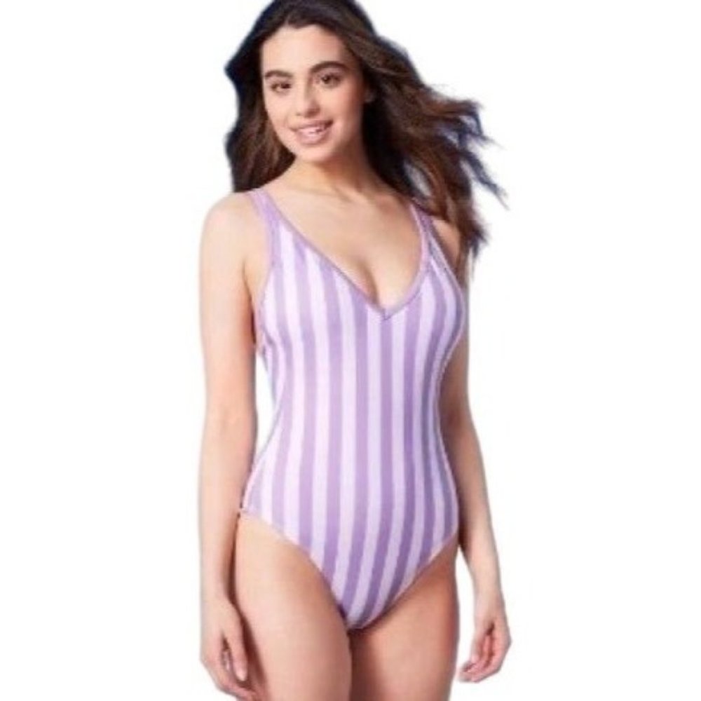 Kona Sol One Piece Purple Stripe Print V-Neck Adjustable Bathing Suit S M L